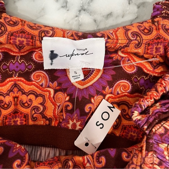 Soma Weekend Medallion Ruffle Sleeve Maxi Dress Pockets Built in Bra Smocked SM - Picture 10 of 12